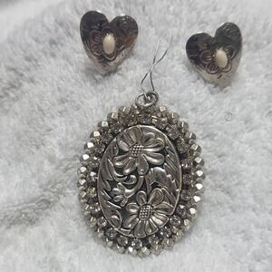 Vintage Silver Tone Floral Pendant and Heart Earring Set Rhinestone Cabochon